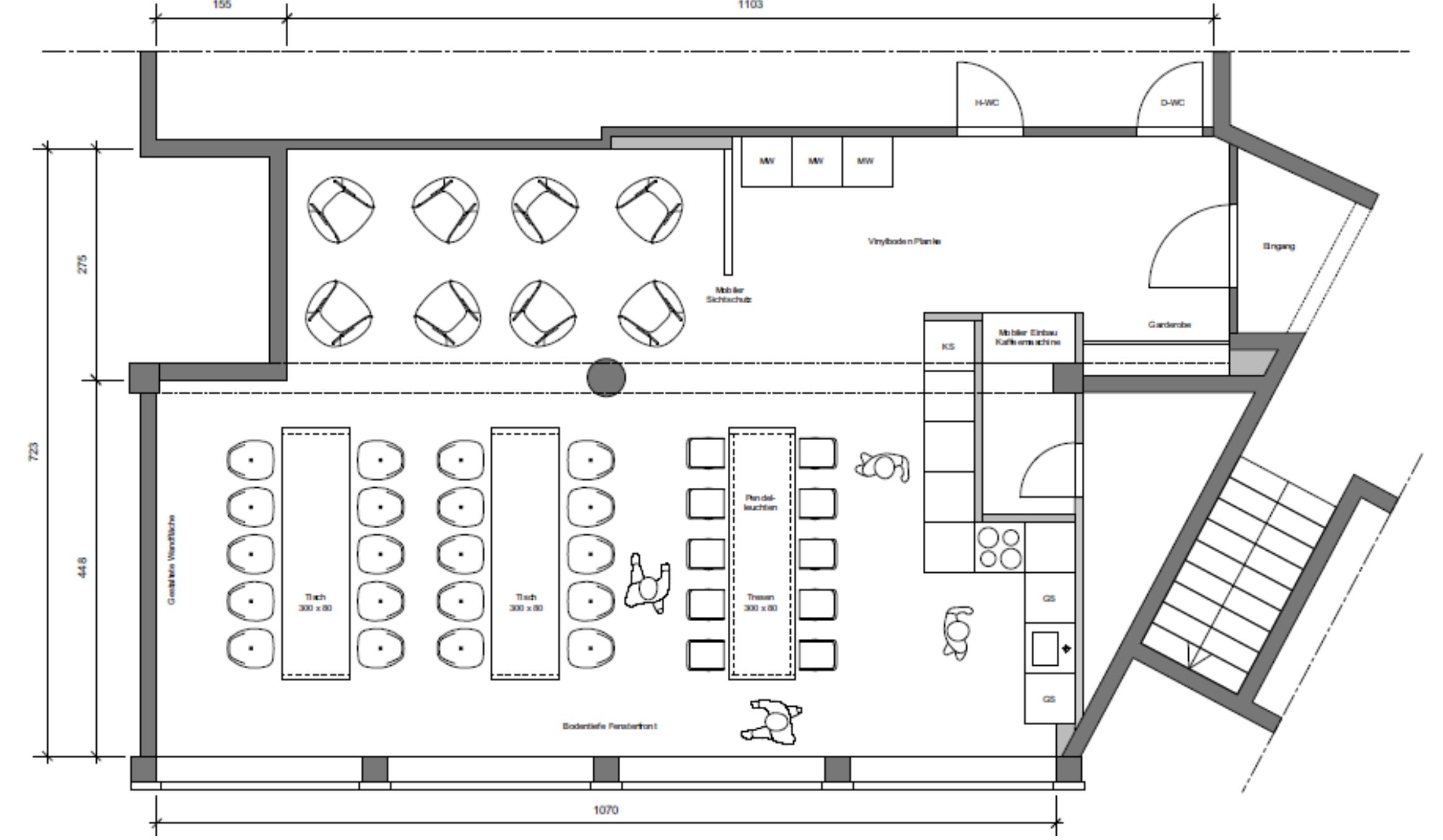 Rechts in der Zeichnung ist der Ausgang mit nach innen aufschlagender Tür und die Verengung.